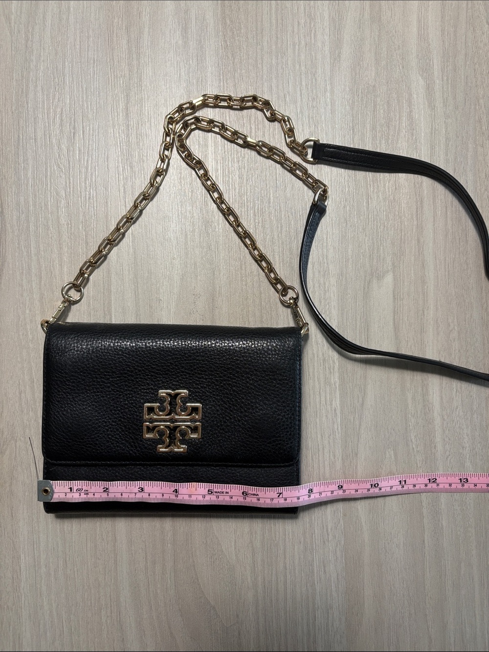 Tory Burch Black Pebbled Leather Crossbody with Gold Logo Chain Strap